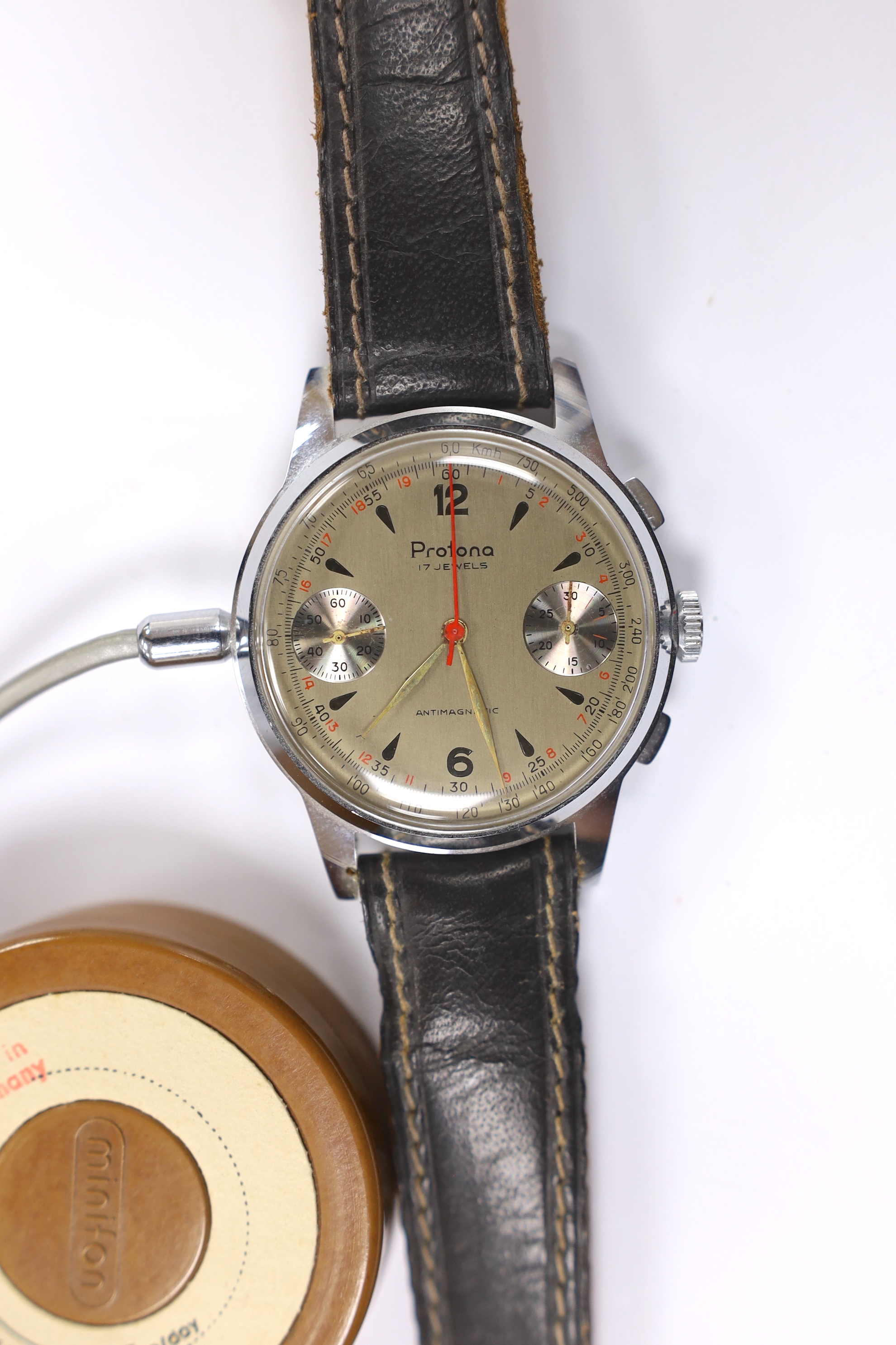 A gentleman's 1950s German steel Protona Minifon Surveillance wrist watch with cables and attachments.